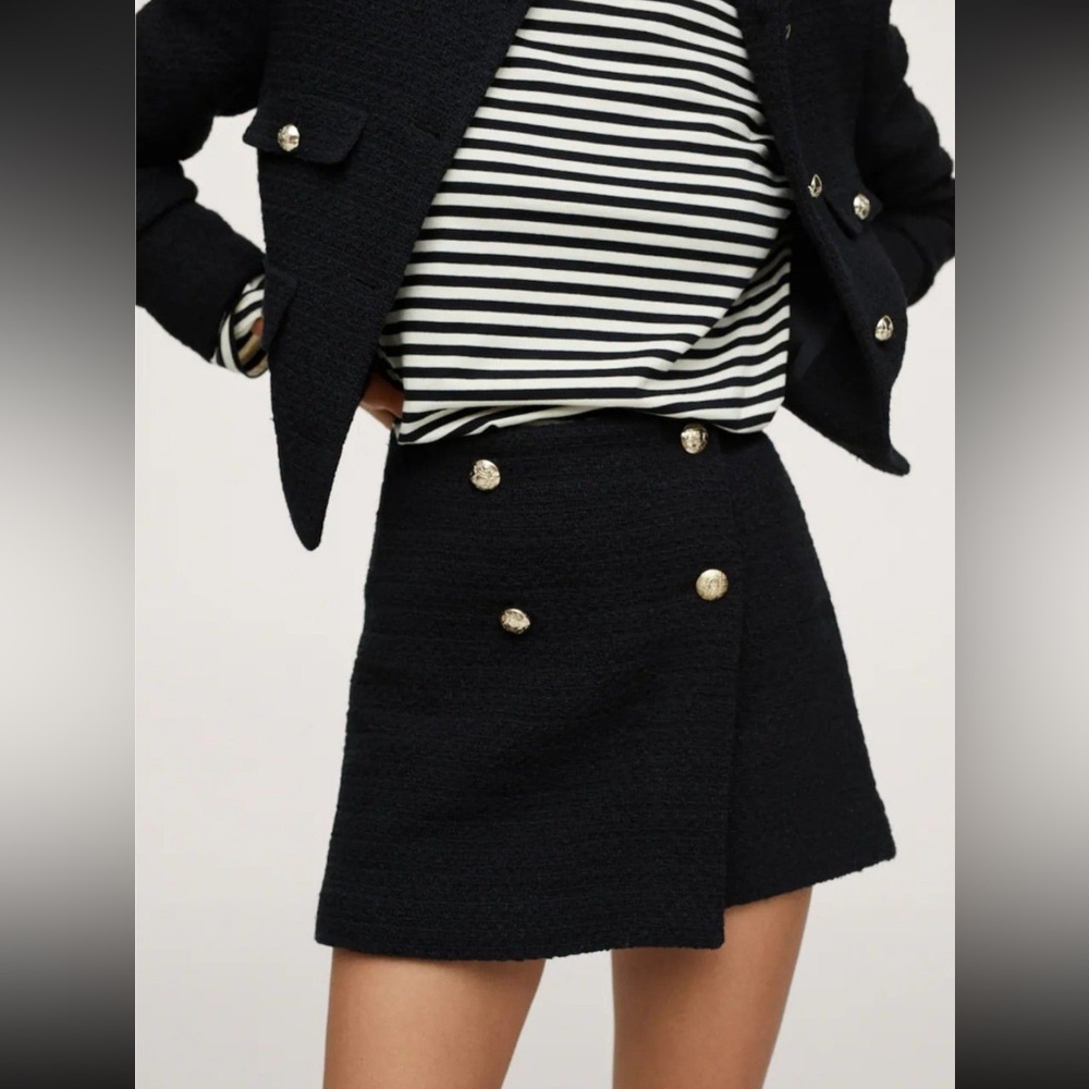 MANGO High Waist Tweed Mini Skirt Gold Buttons Black Size XL NEW